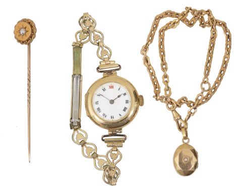 A French gold fancy link necklaceFrench gold marks for high carat with facet oval pendant locket with central seed pearl, tog
