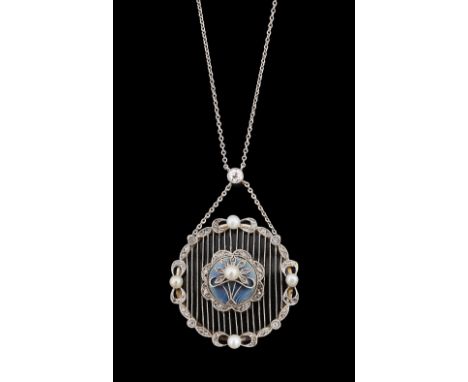 An Edwardian enamel, pearl and diamond-set pendant on chain, the circular openwork vertical grille pendant with diamond and p
