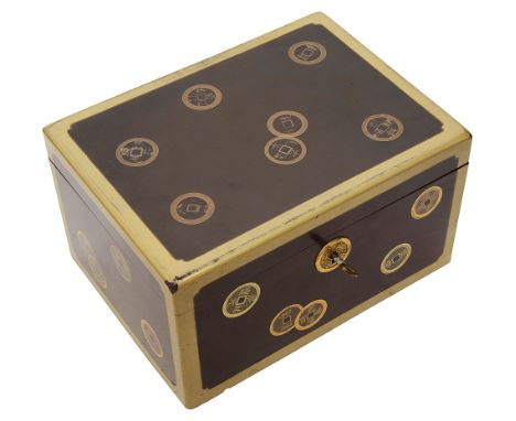 A late 19th Japanese Meiji Period lacquer tea boxthe exterior decorated with gilt trompe l'oeil coins and bindings, black gol