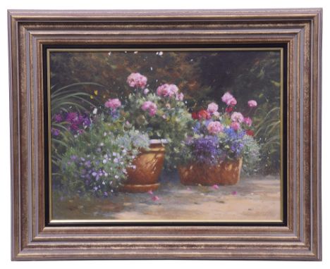 Allan Myndzak (Canadian, b.1954)'Garden planter' &amp; 'Prelude No.3', oil on board signed bottom right, framed, (2)first boa