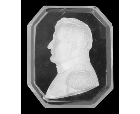 A 19th century French sulphide portrait paperweight depicting Napoleon, in military dress, weight of octagonal form, with bev