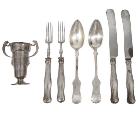 A George V Art Deco silver presentation trophy and Austrian .800 flatwarefirst Birmingham, 1935 by Henry Clifford Davis, of t