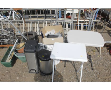 A quantity of various items to include folding tables, waste bins, mop and bucket, wheelchair foot rests, plant pots, clothes