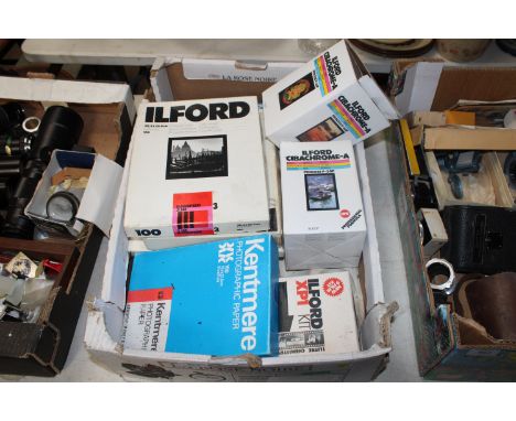 A box containing Ilford Photographic paper, Ilford Cibachrone-A bleach etc.