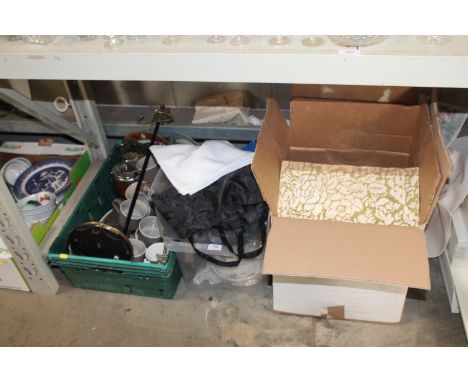 Three boxes containing various sundry items to include biscuit barrel, punch set, stick stand, Portmeirion tea ware etc.