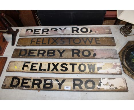 Five vintage train signs for Felixstowe and Derby Road, two conductors flags and Dudson Brothers Ltd British Rail cups.
