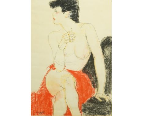 § § Jo Brocklehurst (English, 1935-2006) Seated nude smoking a cigarettepencil and crayon on papersigned and dated 197882 x 5