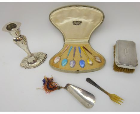 Set of six silver and enamel teaspoons, silver shoe horn, Sheffield 1931, silver candlestick, silver backed brush etc 