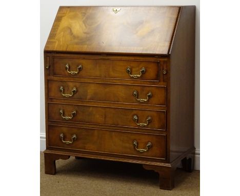 Reprodux mahogany bureau, fall front, four graduating drawers, shaped bracket supports, W76cm, H95cm, D42cm 