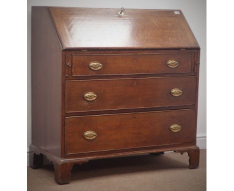 18th century oak bureau, fall front enclosing fitted interior, three drawers, bracket supports (W100cm, H0cm, D50cm), two din