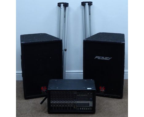 Peavey 400SC XR684 stereo powered mixer with owners manual and pair Peavey Eurosys 3 speakers and associated tripod stands (T