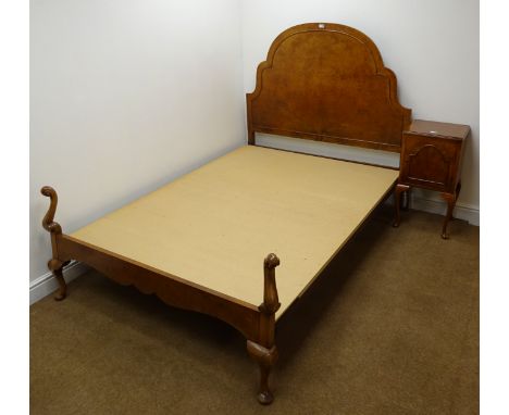 Queen Anne style 4'6 walnut bed stead (W137cm, H139cm, L208cm) a matching bedside cabinet, a commode chair and side chair Con
