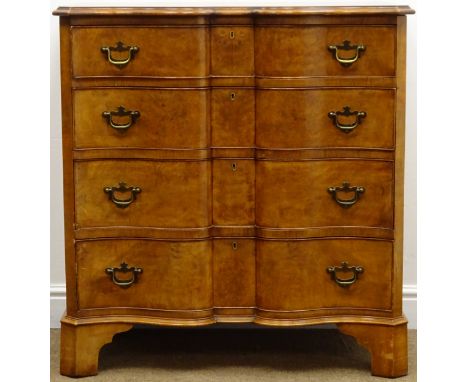 Queen Anne style serpentine front walnut chest, four drawers, shaped bracket supports, W84cm, H88cm, D51cm