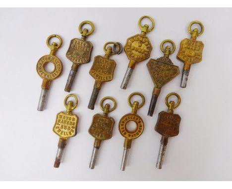 Ten Victorian advertising watch keys including Duggleby Jeweler, J. Eaton Sheffield, J. Taylor Ripon, R. Holt Blackpool etc (