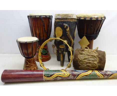 Collection of 20th century instruments; two African Kambala Percussions, Djembe, Didgeridoo and other similar instruments &am