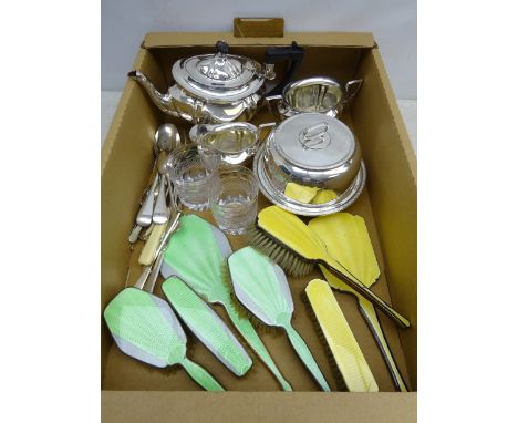 Two Art Deco silver-plate and guilloche enamel dressing table sets, two crystal tumblers, probably Waterford, WMF plated suga