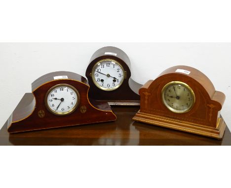 Edwardian inlaid mahogany cased mantel timepiece, silvered Arabic dial, another with white dial a 20th century oak cased mant