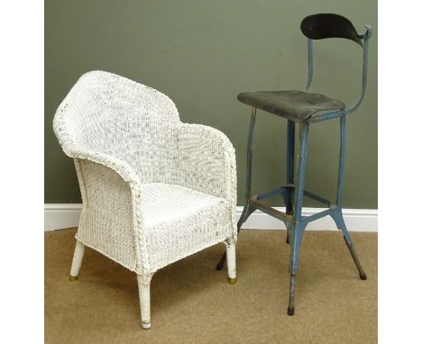 Industrial stool, shaped back rest, splayed supports (W38cm) and a wicker basket armchair, white finish, W60cm