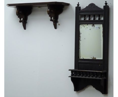 Edwardian wall mirror with gallery shelf (W30cm, H75cm) and a similar wall shelf