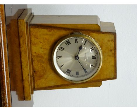 Art Deco period Bulle electric mantel clock in stepped walnut and crossbanded case, silvered Roman dial inscribed 'Bulle-Cloc