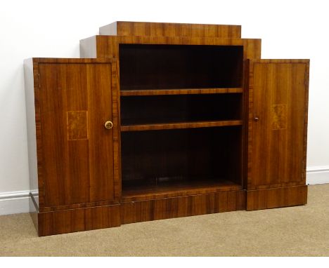 Art Deco style inlaid mahogany sideboard, two adjustable shelves flanked by two cupboards containing five slides, platform ba