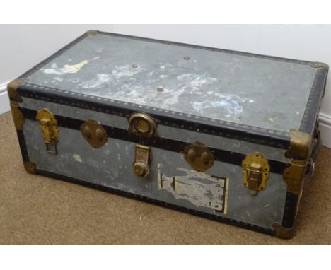 Victorian brass bound tin trunk, with remains of shipping labels, L90cm x D51cm x H34cm 