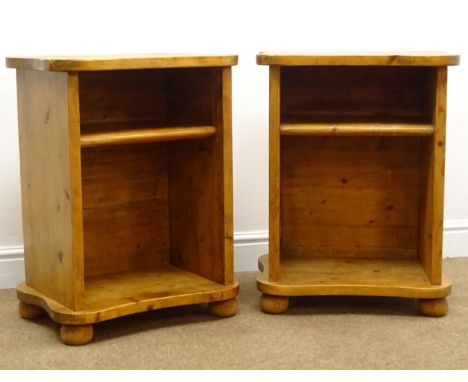 Pair solid pine bedside tables, shaped top, single shelf, bun feet, W52cm, H68cm, D38cm