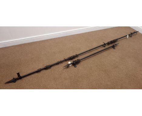 Two metal curtain poles, painted black finish, finial ends, (L292cm and 132cm)