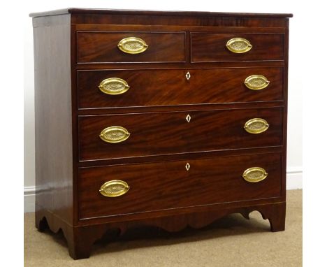 Early 19th century inlaid and cross banded mahogany chest, two short and three long drawers, oval brass plate handles and sha