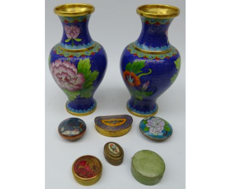 Pair 20th century Chinese Cloisonne vases H18cm, two Cloisonne boxes, 19th century French Champleve enamel compact, brass and