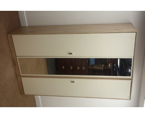 Oak and cream finish triple wardrobe, central full length mirror, on plinth base, W117cm, H197cm, D53cm