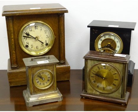 Victorian black slate mantel clock, American oak cased mantel clock Metamec mantel clock and a metal cased mantel clock, all 