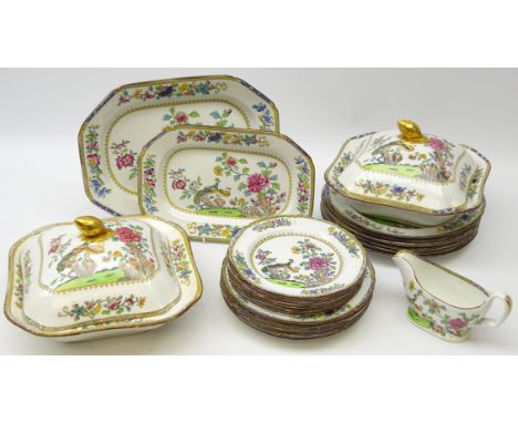 Mid Victorian 'Peacock' pattern dinner service comprising six dinner, side &amp; tea plates, two tureens, gravy boat and two 