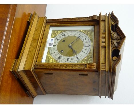 Victorian figured walnut mantle clock, architectural case with brass &amp; silvered Roman dial, twin train Lenzkirch movement