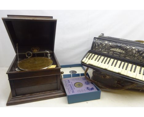 Columbia Grafonola oak cased gramophone with a collection of 78's  and a Soprani Three accordion in case 