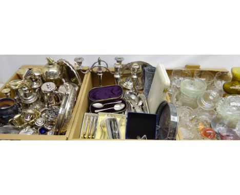 Large assortment of silver-plated ware including a Victorian egg coddler with bird finial, Kings pattern cutlery, salver, Vic