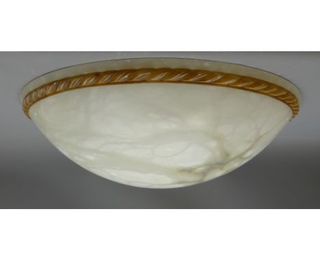 Large classical style white veined alabaster dome shaped light shade with painted and carved entwined border, D58cm 