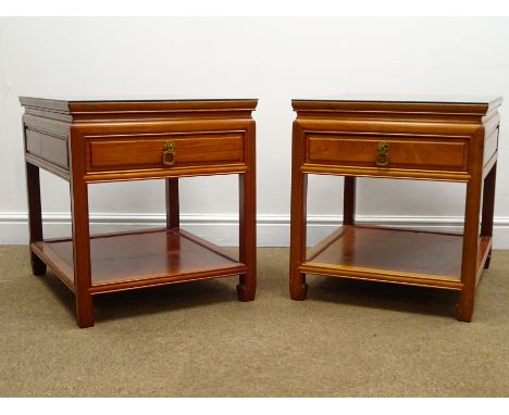 Pair Chinese rosewood lamp tables, single drawer, square supports joined by solid undertier, W51cm, H56cm, D61cm
