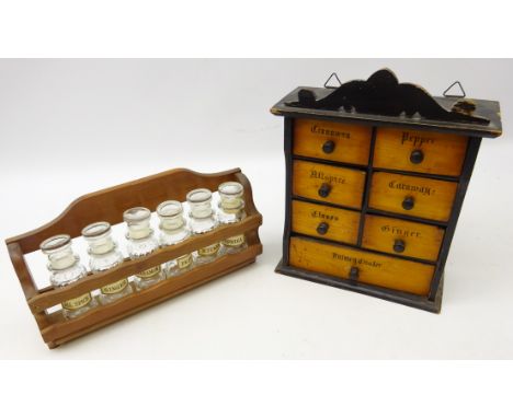 19th century mahogany Spice chest with seven drawers all labelled, H28cm and a later Spice rack with seven labelled glass jar