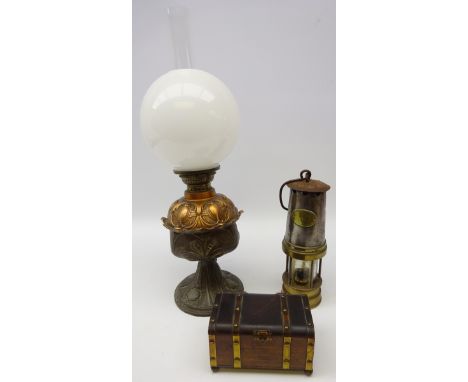 19th century Art Nouveau embossed oil lamp with globular glass shade, H53cm, Patterson Lamps brass and steel miners lamp and 