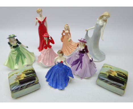 Three Royal Worcester Floral Ladies figures; August, September and October, Royal Worcester figure Holly, For You, Isabelle &