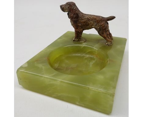 Art Deco onyx pin dish with Cocker Spaniel painted spelter mount, L10cm  