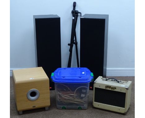 Eltax Atomic A-8 Powered Subwoofer, JBL MRV310 floor standing speakers and Stagg EA-15 amp with a quantity of associated cabl