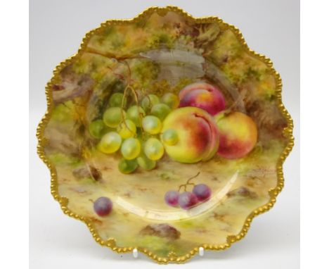 1919 Royal Worcester shaped cabinet plate, painted with fruit by Frank Roberts, D22cm  Condition Report Very minor surface sc