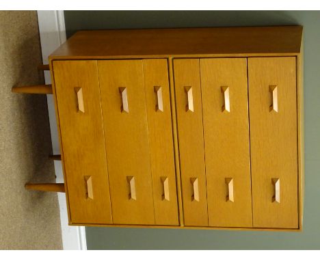 Vintage Stag light oak chest, six graduating drawers, turned supports, W76cm, H119cm, D44cm