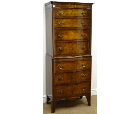 20th century figured walnut serpentine cocktail cabinet, cupboard door enclosing fitted interior, single slide above three dr