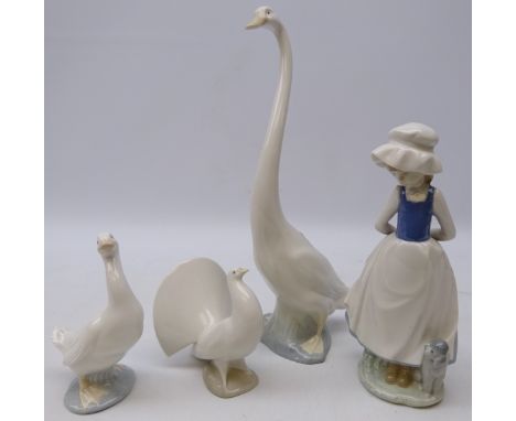 Four Nao figures; tall Swan (no. 52) boxed, 'Optimistic duck' boxed, Girl with Dog &amp; a Dove, H33cm max