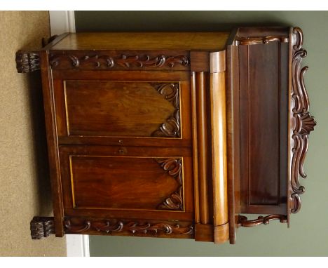 Victorian mahogany Chiffonier, raised back with shell carving above single shelf, scrolled supports, single frieze drawer, tw