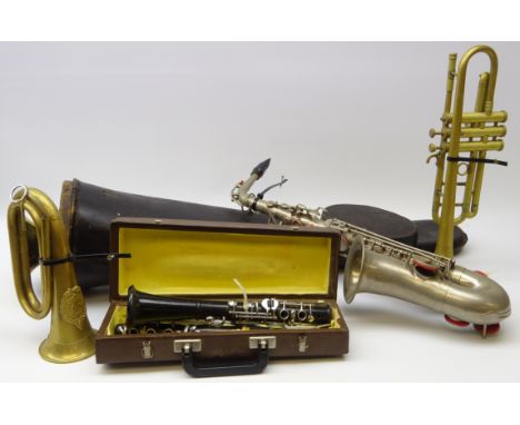 Boosey &amp; Co orchestral model Class A brass trombone in case, brass trumpet, alto saxophone, brass regimental bugle and ca