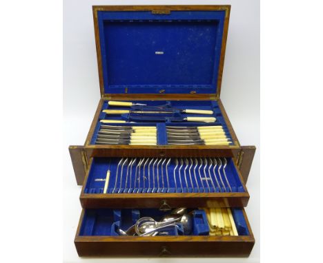 Late Victorian matched part canteen of silver-plated flatware, Old English pattern by Cooper Brothers, Sheffield, in oak two 